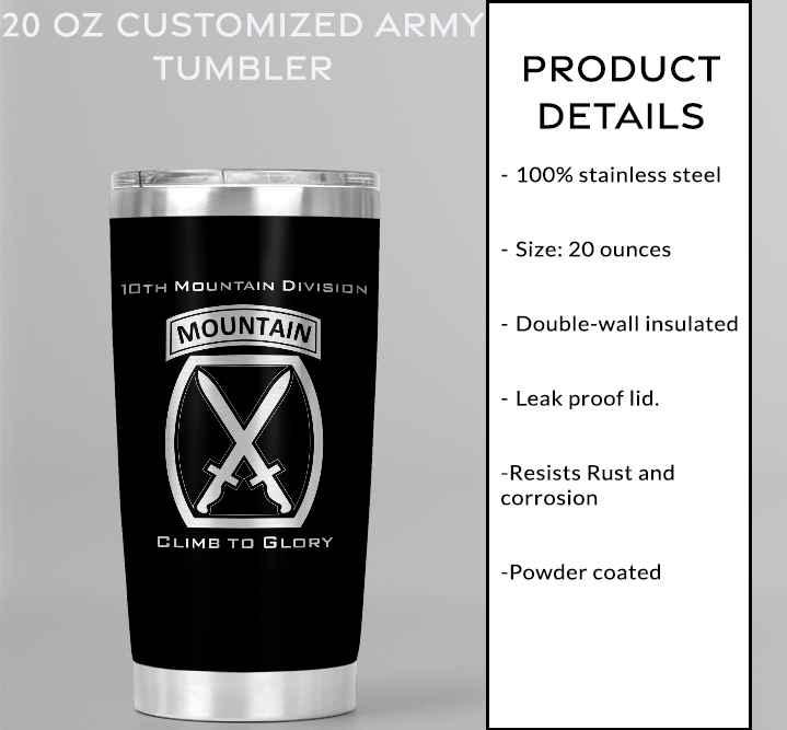20oz, US Army, 10th Mountain Division Tumbler