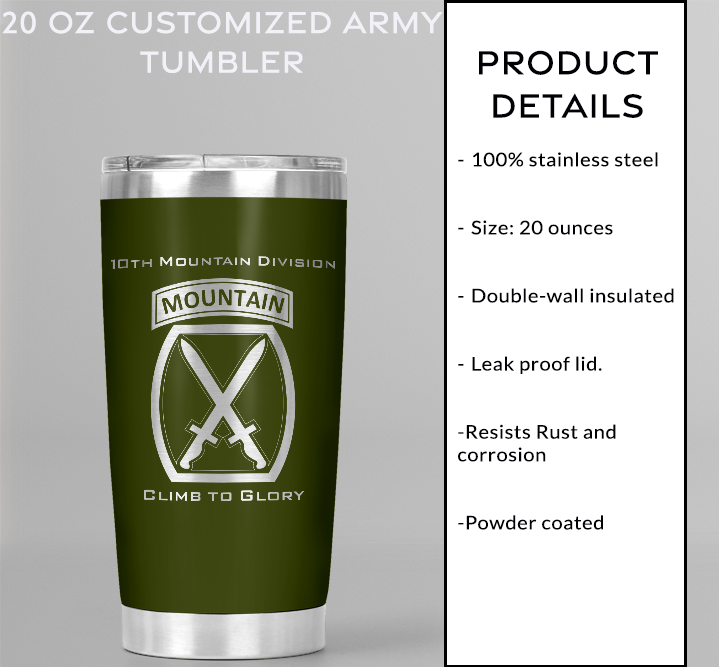 20oz, US Army, 10th Mountain Division Tumbler
