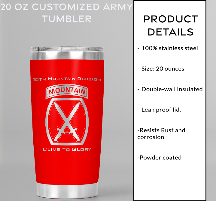 20oz, US Army, 10th Mountain Division Tumbler