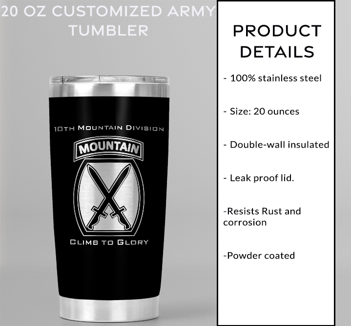 20oz, US Army, 10th Mountain Division Tumbler