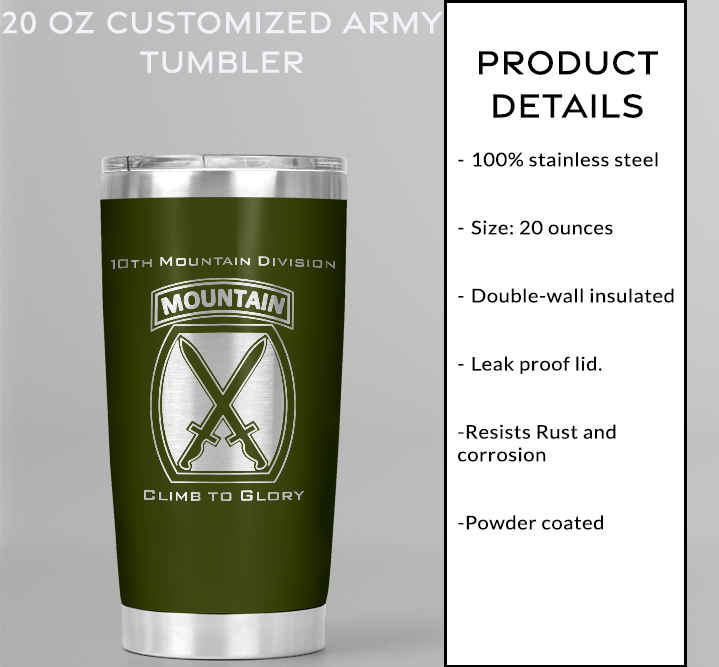 20oz, US Army, 10th Mountain Division Tumbler