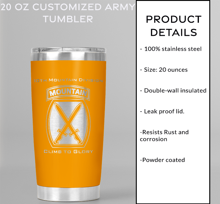 20oz, US Army, 10th Mountain Division Tumbler