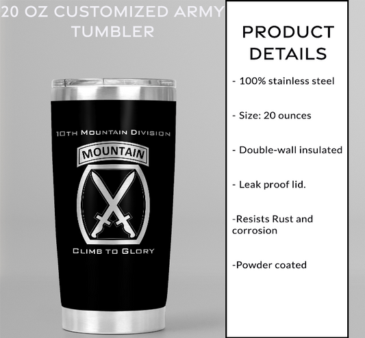 20oz, US Army, 10th Mountain Division Tumbler