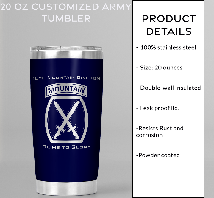 20oz, US Army, 10th Mountain Division Tumbler