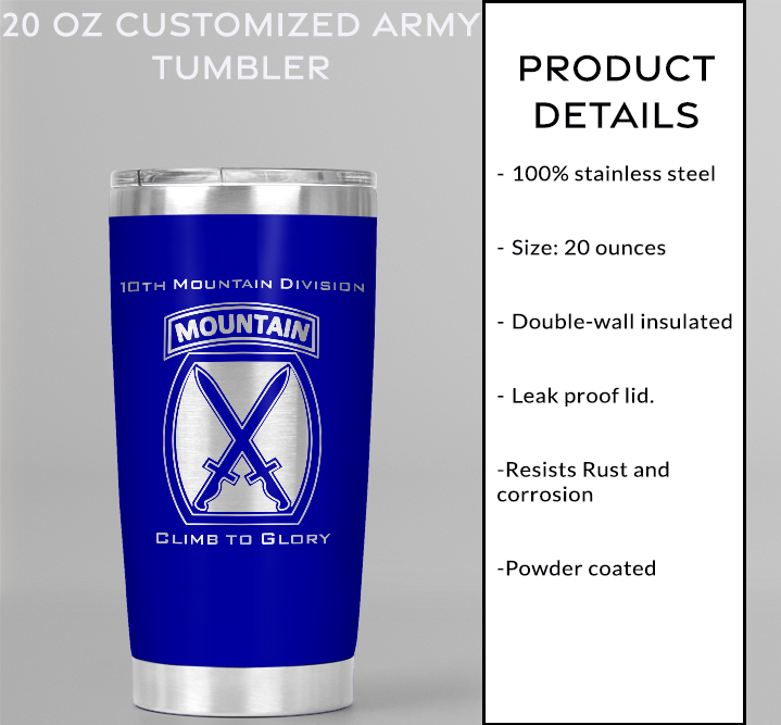 20oz, US Army, 10th Mountain Division Tumbler